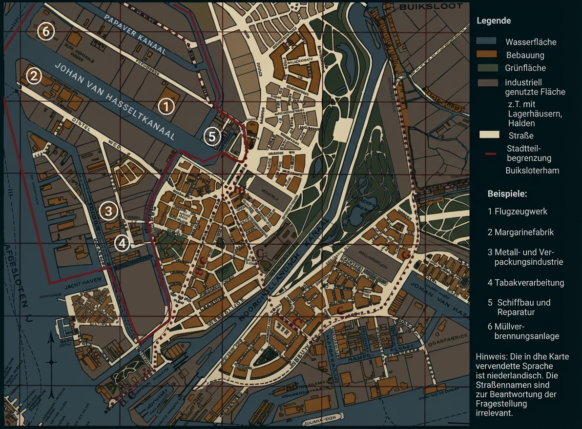 Historische Stadtkarte mit Kanälen, Gebäuden, Grünflächen, Legende und nummerierten Fabriken.